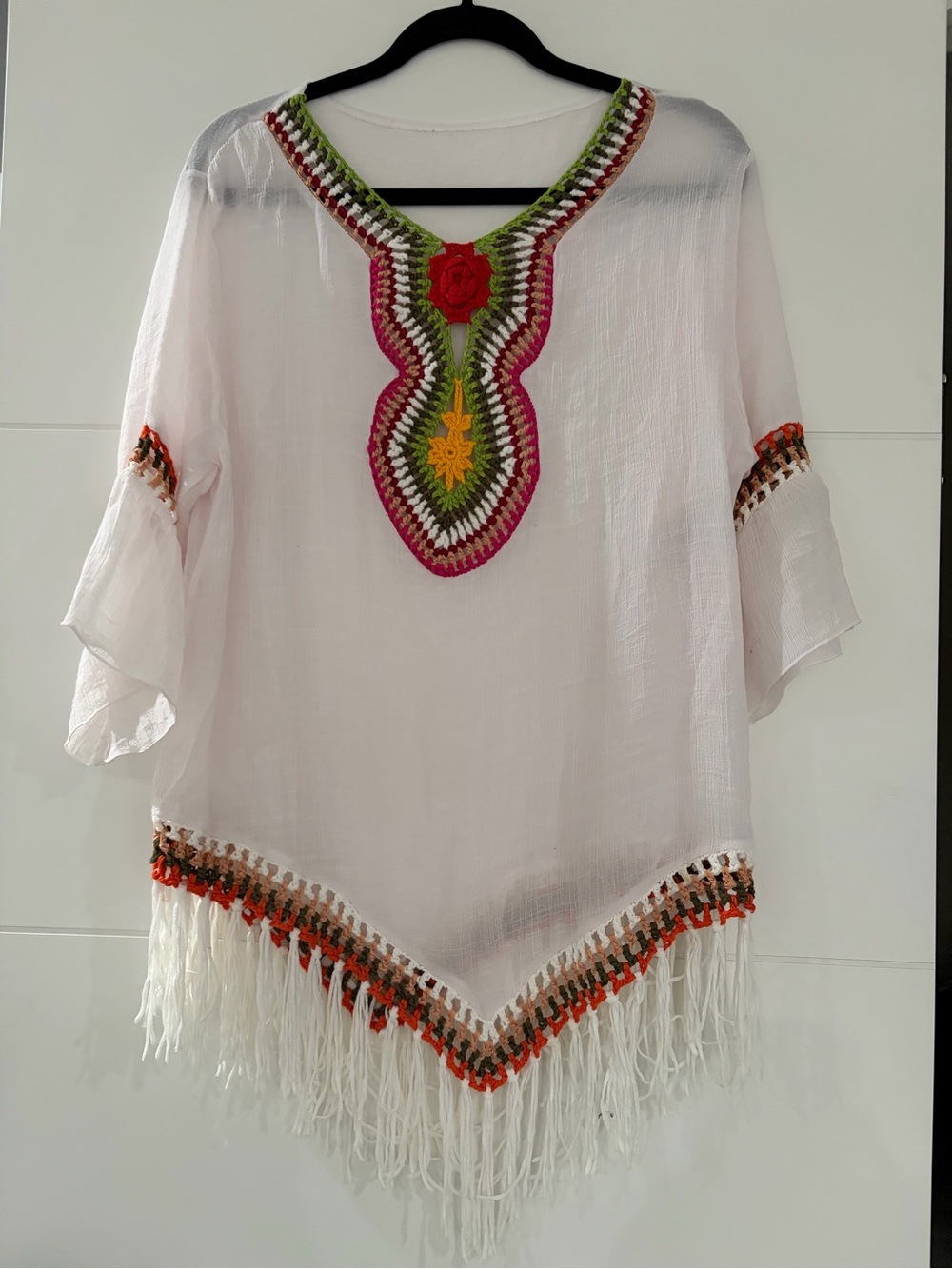 Crochet Embroidered Cover-Up or Shirt w/Fringe, Women’s Large Sheer Colorful Top